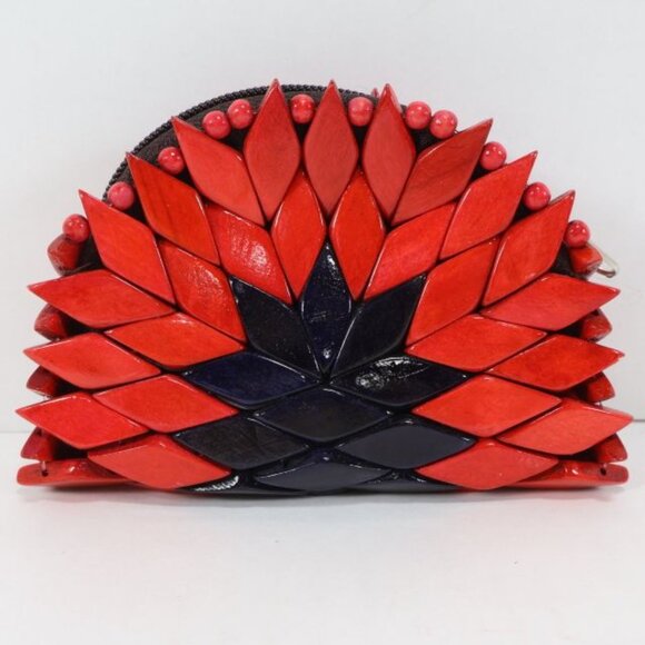 Red Black Diamond Pattern Wooden Beaded Change Purse Zipper Geometric - Picture 3 of 6